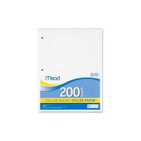 Mead Products Mead Filler Paper, 8-1/2" x 11", College Ruled, 3-Hole Punched, White, 200 Sheets/Pack 17208